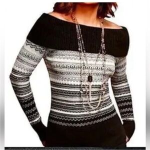 WHBM OTS Cowl Neck Fair Isle Sweater Nordic Black Ecru Gold Metallic